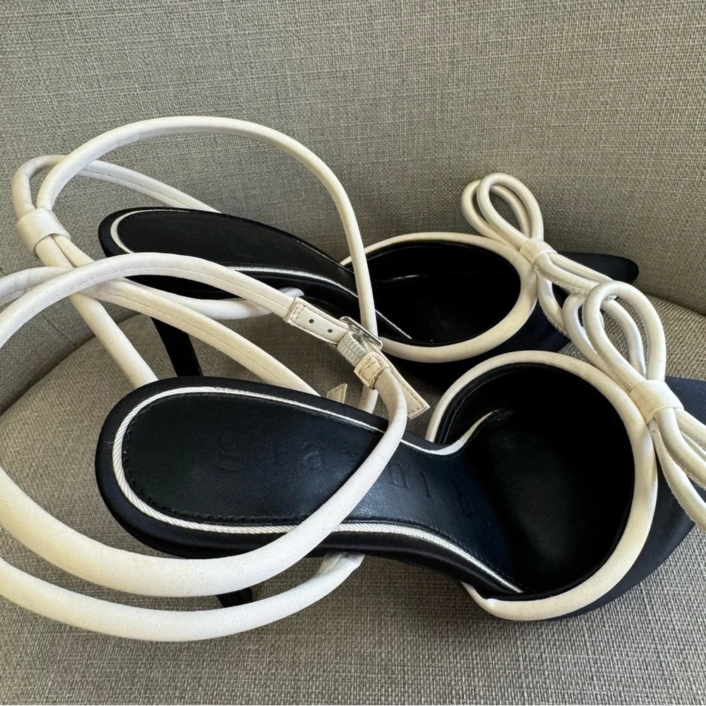 Gianni Bini Black and Cream Heels with Bow Accent Ankle Wrap Strap - Picture 3 of 5